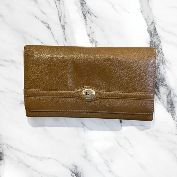 Christian Dior Rare Vintage Brown Leather Bifold Wallet with Gold Logo Plate - Picture 1 of 12